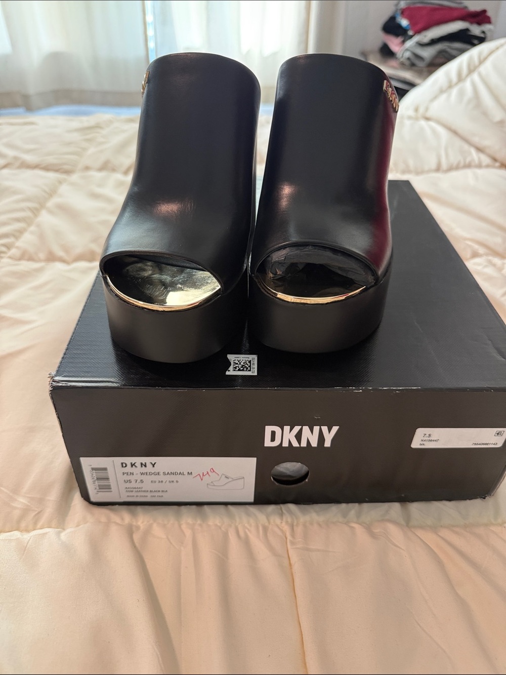 DKNY Black Leather Peep-Toe Platform Mules with Gold Accent